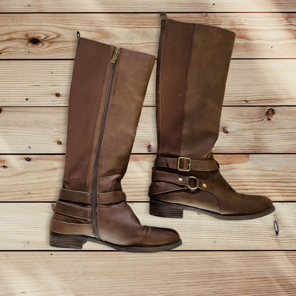 Kenneth Cole Reaction Double Strap Elastic Calf Brown Womens Size 8.5